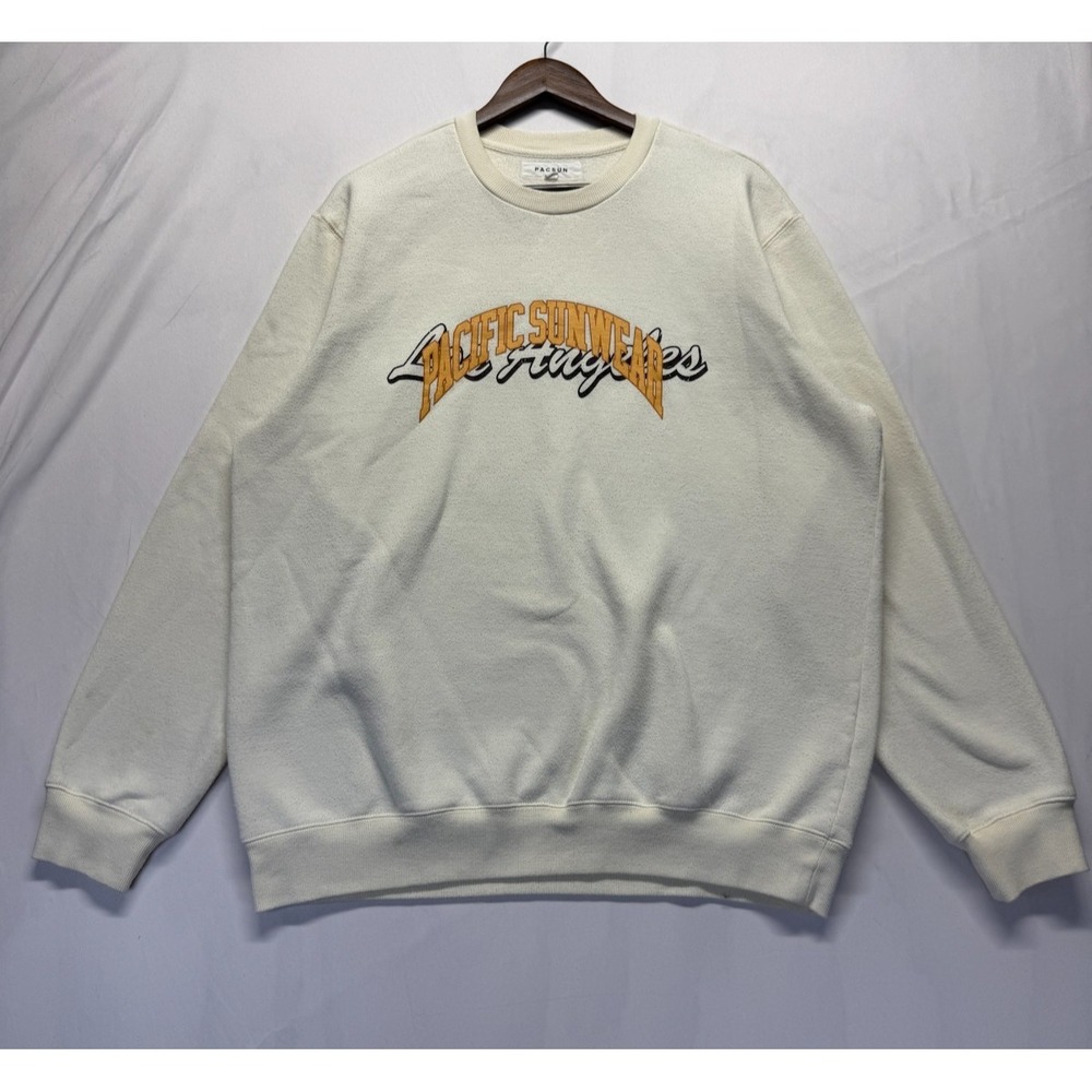PacSun Sweatshirt Mens XL Cream Graphic Print Pacific Sunwear Los Angeles Ribbed